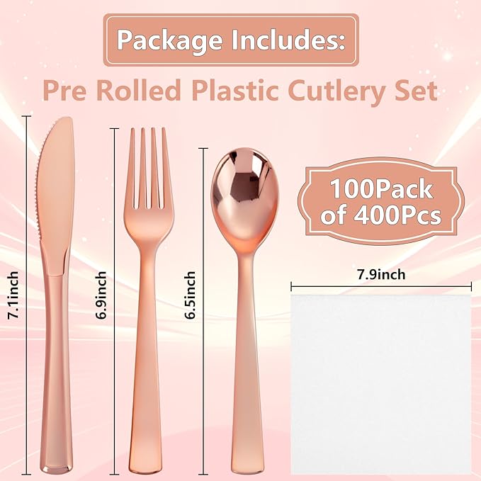 400PCS Pre Rolled Rose Gold Plastic Silverware Sets - Heavy Duty Rose Gold Cutlery - Include 100 Pack Wrapped Disposable Utensils with Napkins for Parties & Dinners & Weddings