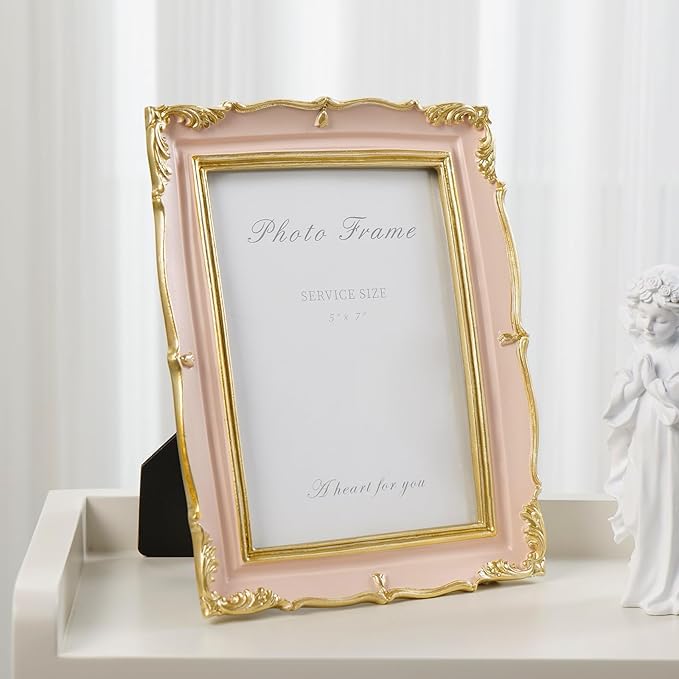 Cuspin Vintage Pink 5x7 Picture Frame, Pink and Gold 5 by 7 Antique Photo Frames, Ornate Textured Hand-Crafted Resin Frame with Glass Front for Tabletop Display, Retro Design Home Decor