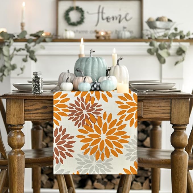 Artoid Mode Orange Dahlia Floral Pinnata Fall Table Runner, Seasonal Autumn Thanksgiving Kitchen Dining Table Decoration for Home Party Decor 13x72 Inch