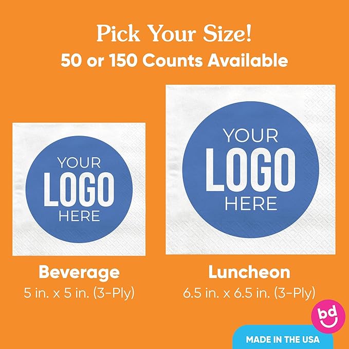 Big Dot of Happiness Custom Logo Party Napkins, Personalized Corporate Branded Business Decor, Your Logo Here White 3-Ply Paper Beverage Napkins - 150 Count