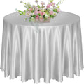 KKJIAF 1 Pack 108 Inch Round Table Cloth, Silver Overlay Round Satin Table Cover, Silky Satin Dining Tablecloths for Wedding Buffet Parties Banquet Decoration