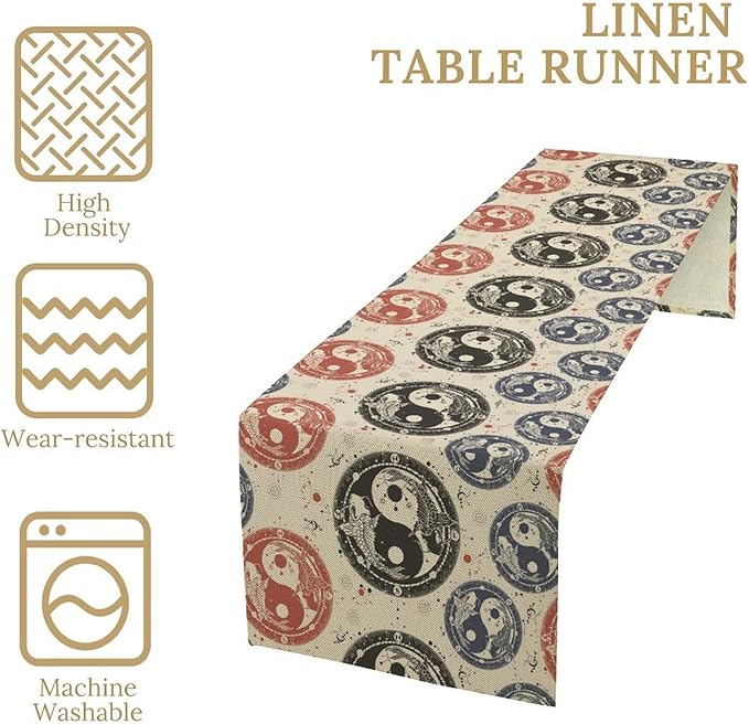 Yin Yang Table Runner, Vintage Mid Century Traditional Oriental Koi Fish Mystical Celestial Moon Stars Print Table Runner for Kitchen Dining Table Party Decor, 13x60inch
