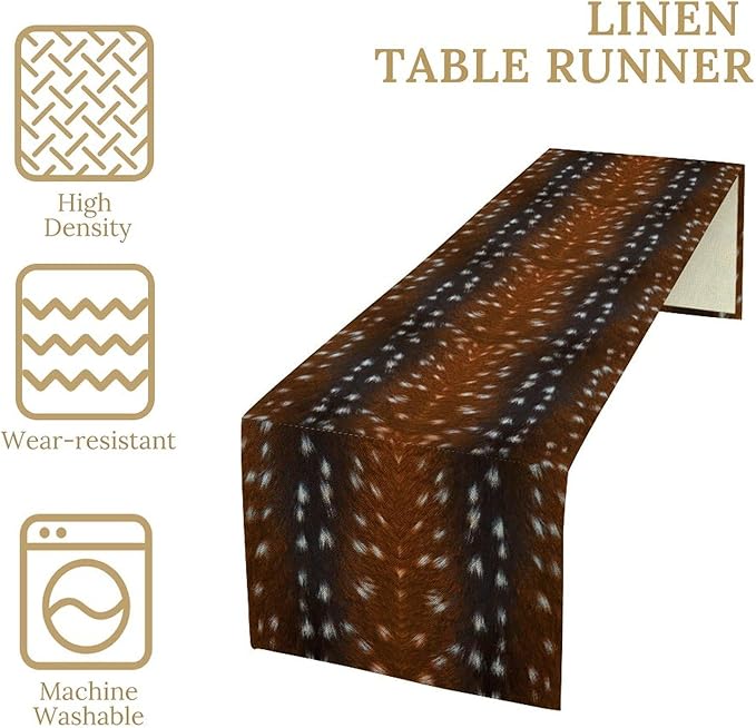 Deer Skin Table Runner Brown Fur Runner Black White Elk Deer Print Fur Western Print Cotton Linen Cottage Dinner Table Runners for Dining Room Kitchen Table Setting, 13x120 Inch