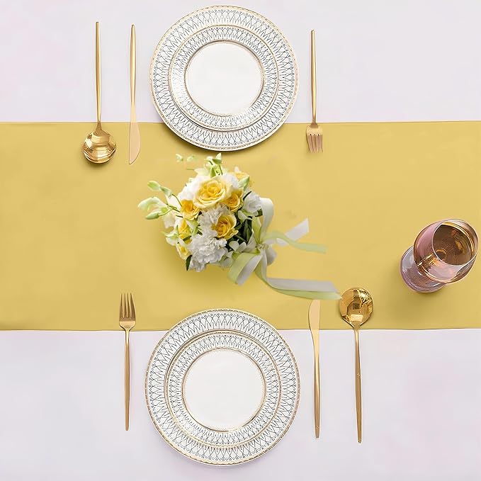 SHEJIZE 10 Pack Light Gold Satin Table Runner 12x108 Inches Long, Bright Silky Smooth Satin Table Runner Table Decor for Wedding Banquet Christmas Prom Event Birthday Party