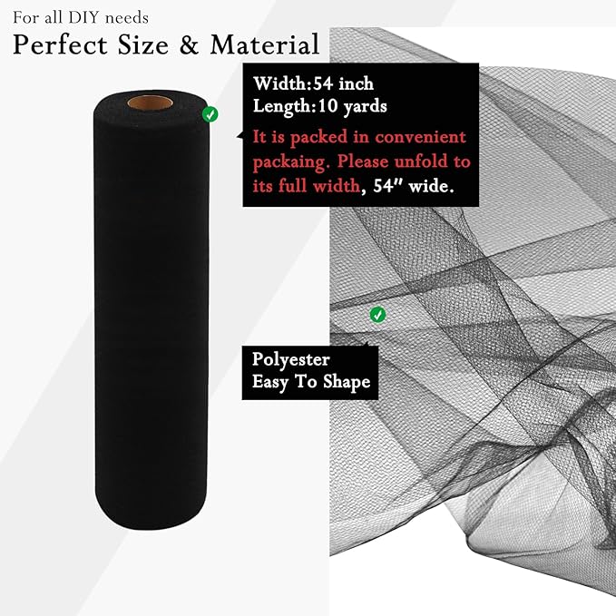 Black Tulle Fabric Rolls 54 Inch by 10 Yards Fabric Tulle Bolt for Wedding Halloween Decorations Gift Wrapping DIY Tutu Baby Shower Table Skirt Birthday Party Craft Supplies