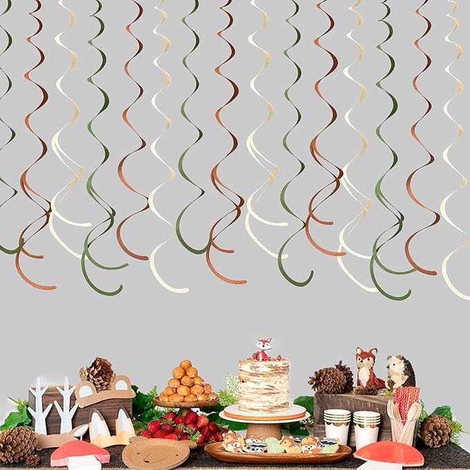 36 Pcs Jungle Hanging Swirl Decorations Sage Green Brown Beige Felt Swirl Streamer Spiral Ceiling Garland for Safari Jungle Woodland Wild One Birthday Neutral Baby Shower Party Decorations Supplies