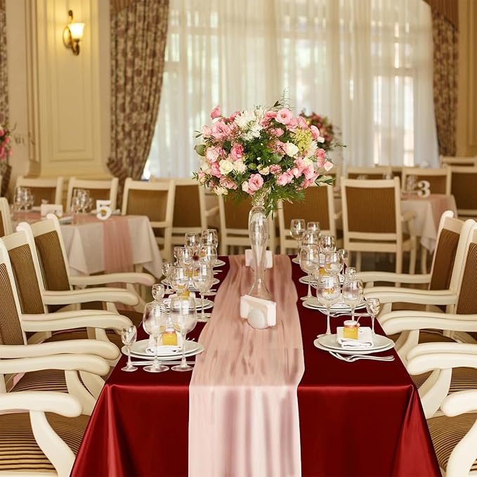 TURSTIN 1 Pack Burgundy Satin Tablecloth 102 x 58 Inch Overlay Satin Table Cover Rectangle Bright Silk Tablecloth Smooth Fabric Table Decoration for Wedding Banquet Party Events