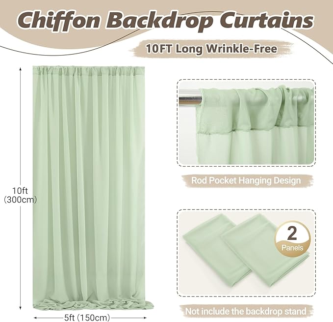 10ft x 10ft Sage Green Backdrop Curtains, Wrinkle-Free Sheer Chiffon Fabric Backdrop Drapes for Wedding Arch Party Ceremony Stage Photo Decoration