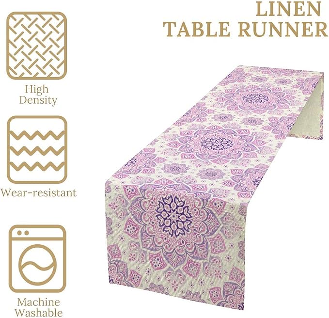 Purple Pink Mandala Table Runner, Traditional Indian Boho Mandala Flowers Print Table Runne for Kitchen Dining Table Office Wedding Party Holiday Home Decor, 13x120inch