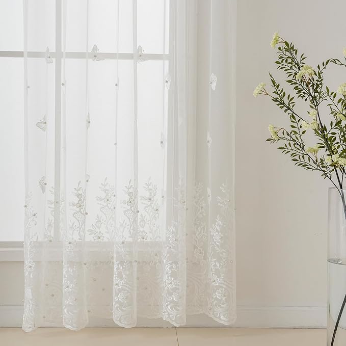 VISIONTEX White Sheer Voile Curtains, Decorative White Embossed Butterflies Rod Pocket Window Drapes for Home Kitchen, Living Room and Bedroom 54 x 95 Inch, Set of 2 Curtain Panels