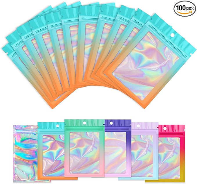 Funfery 100 Pack Gradient Holographic Bags,Resealable Mylar Bags with Zipper,Clear Window Packaging Pouch,Foil Smell Proof Bags for Food Storage,Sample Jewelry Baggies(3.1×5.1in,Blue Orange)