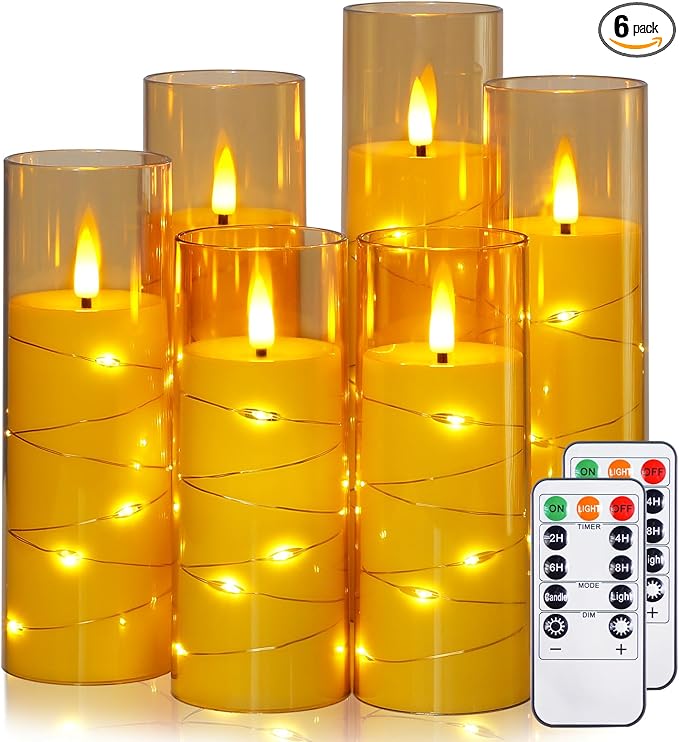 Gold Flameless Candles with Remote and String Light, 2.2"x 5",5",6",7",7",8" LED Battery Operated Plastic Flickering Timer Pillar Candles(Pack of 6,Turn On/Off String Light Mode)