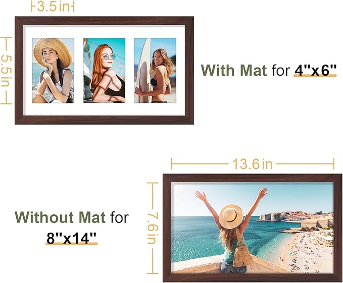 Vittanly 8x14 Picture Frames Collage, Displays 3Pcs 4x6 Pictures with Mat, Collage Picture Frame for Horizontal or Vertical Display, Brown, 1 Pack