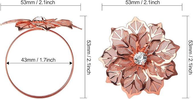 KPOSIYA Flower Napkin Rings Holder Metal Rose Gold Napkin Rings Set of 6 for Wedding Party Holiday Banquet Christmas Dinner Delicate Serviette Buckles Decor Favor (6, Rose Gold)