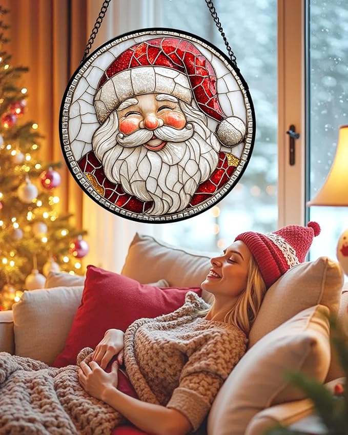 Stained Glass Window Hanging - Red White Santa Claus Suncatcher for Doors Home Christmas Decoration Winter Sun Catcher Thanksgiving New Year Birthday Gifts for Women Men Mom Nana Girl 6.3 in