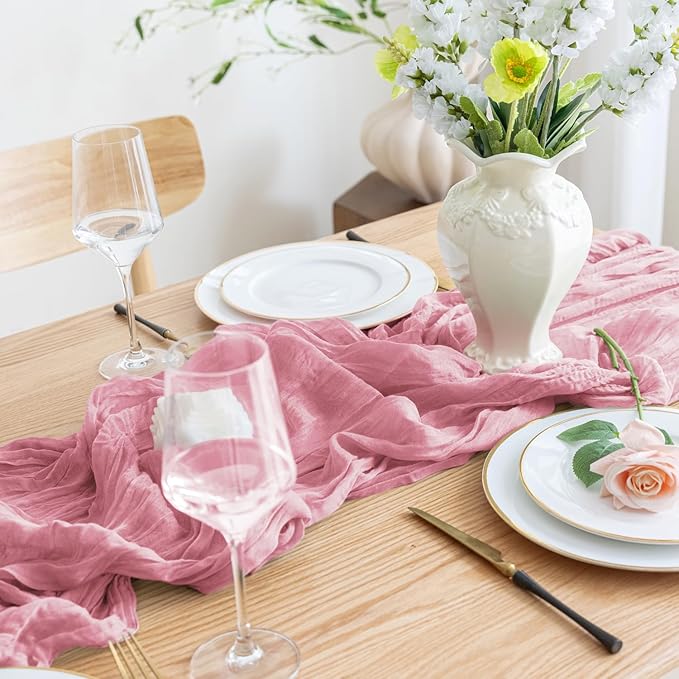 Asee'm 4pcs Cheesecloth Table Runner 120 Inches Long Pink Boho Gauze Cheese Cloth Runner 10FT Rustic Sheer Table Runners for Christmas Wedding Party Baby Shower Spring Easter Decoration