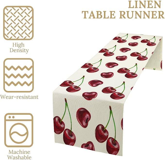 Red Cherry Table Runner Watercolor Spring Summer Wild Berry Tropical Fruit Theme Dinner Runner for Girl Baby Shower Party Holiday Home Kitchen Dining Table Decor 13x70