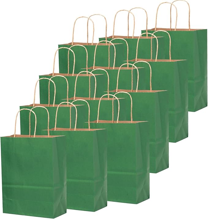 qiqee 50-Packs Kraft Deep Green Paper Gift Bags with Handles Bulk 13"x10.3"x4.6" Large Size Party Favor Bags Multiple Uses