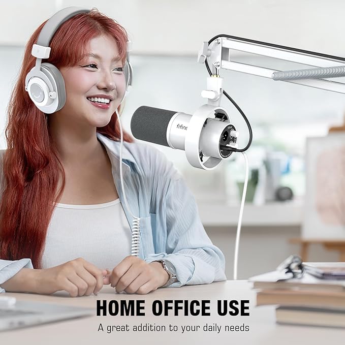 FIFINE Microphone Boom Arm, Suspension Mic Arm Stand with Mount Clamp, Metal Scissor Mic Stand with 3/8" to 5/8" Adapter for Home Studio Recording Podcast Gaming-CS1 White