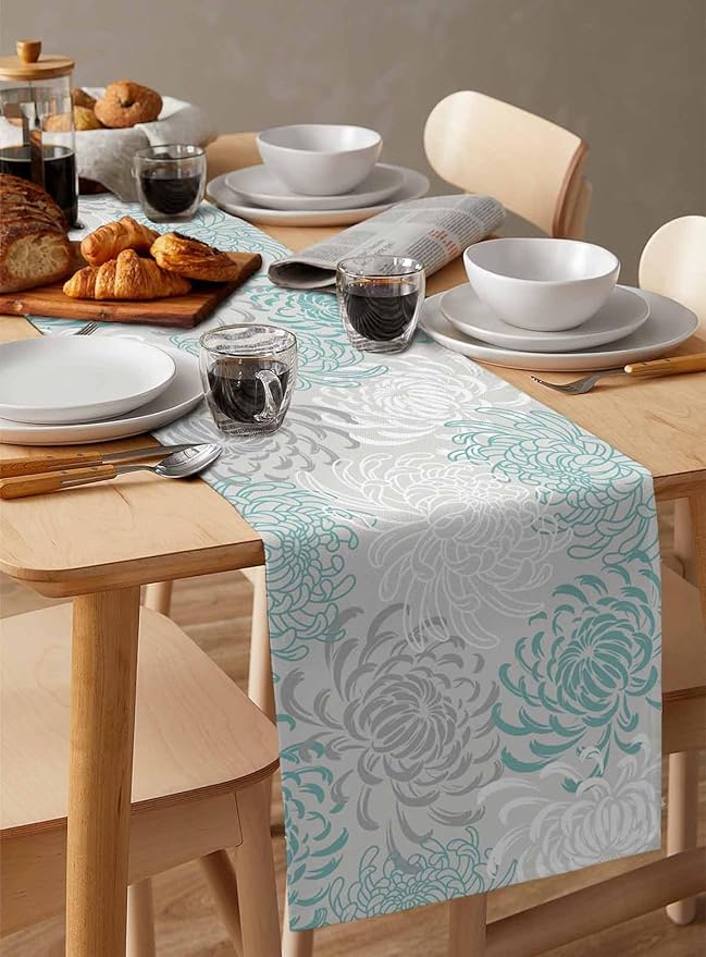Auqa Chrysanthemum Cotton Linen Table Runner for Dining Kitchen, Wedding Outdoor Party Tablerunners Decoration, Farmhouse Floral Botanical Leaves Dresser Scarf Coffee Tablecloth Runners 13x36 Inches