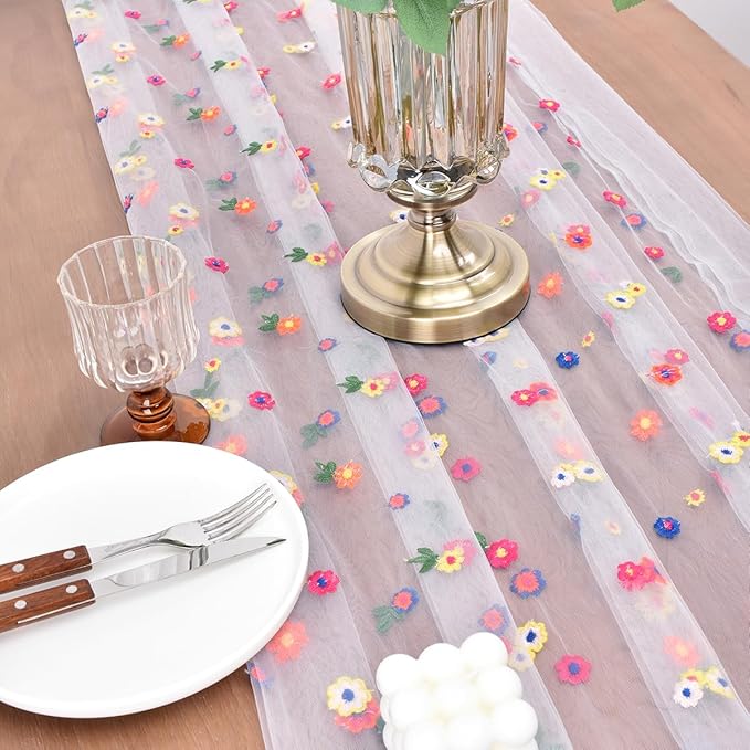Joanlody Ivory Embroidery Daisy Fall Thanksgiving Table Runner 10ft Florals Seasonal Tulle Table Runner Holiday Kitchen Dining Table Decoration for Home Party Indoor