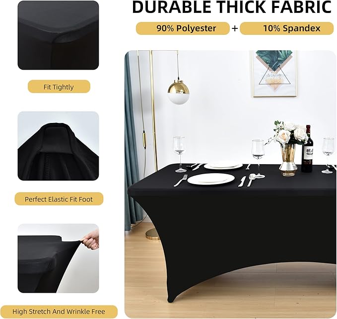 10-Pack 4ft Black Spandex Table Covers for Rectangular Folding Tables - Wrinkle Resistant Stretch Tight Table Cloths - Fitted Table Protector for Parties, Trade Shows, Banquet, and Wedding