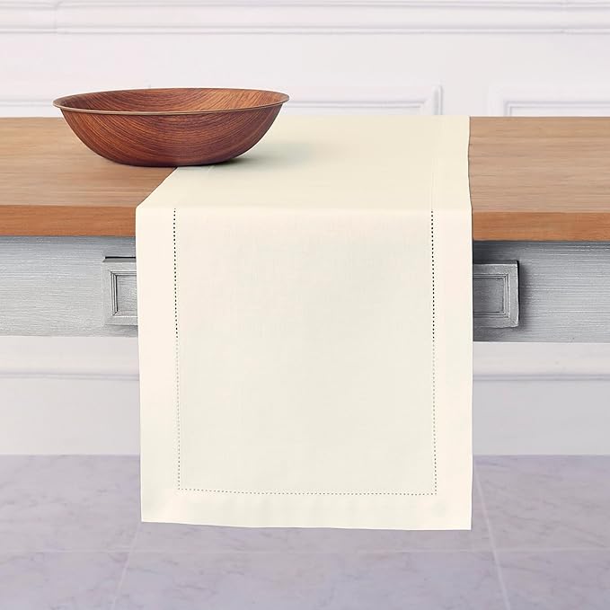 Solino Home Ivory Table Runner 60 Inches - Cotton Linen Hemstitch Coffee Table Runner 14 x 60 Inch Ideal for Dresser Tables - Fall, Autumn, Halloween, Thanksgiving, Christmas, Holiday