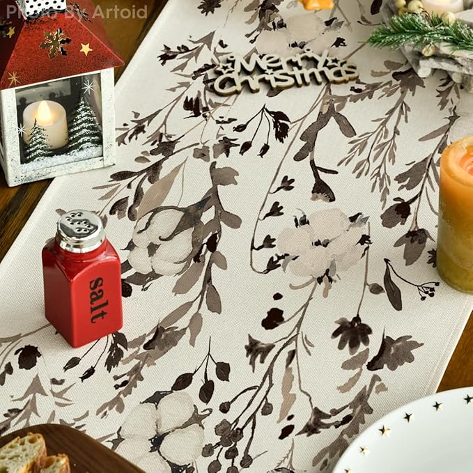 Artoid Mode Leaves and Flowers Cotton 210 GSM Winter Table Runner, Seasonal Christmas Kitchen Dining Table Decoration for Home Party Decor 13x48 Inch