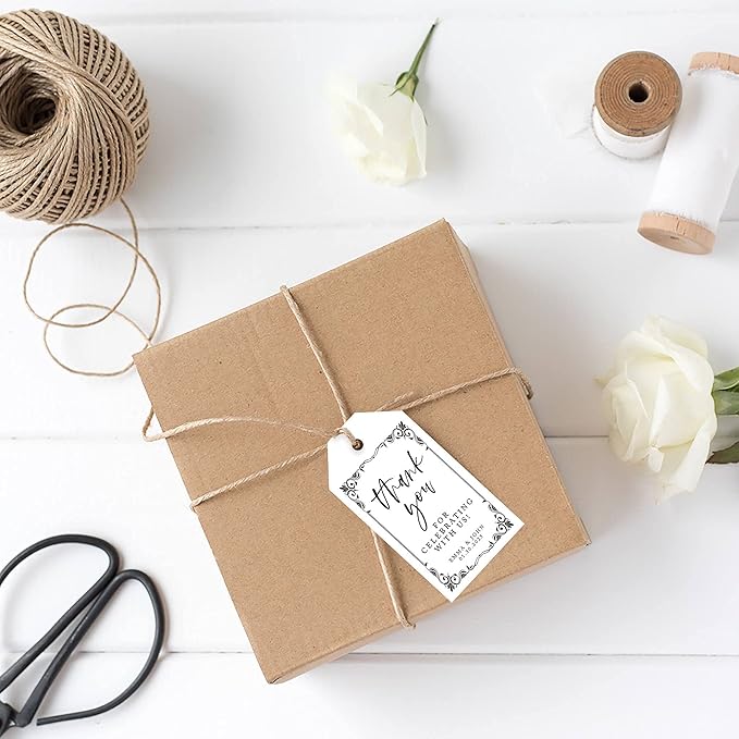 Andaz Press 100-Pack Personalized Thank You Tags with Bakers Twine Art Deco Custom Cardstock Gift Tags for Wedding Party Favors 2 x 3.75-Inches