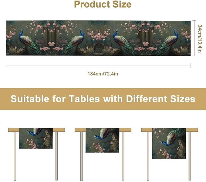 Peacock Table Runner,Vintage Aesthetic Peacock Birds Table Runner for Home Kitchen Dining Party Indoor Outdoor Decoration 13x60 Inch