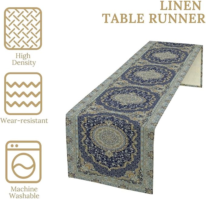 Boho Bohemia Style Blue Teal Table Runner, Country Rustic Farmhouse Magical Abstract Print Pattern for Home Kitchen Table Decor Dining Coffee Room Garden Party Decor 13x90in