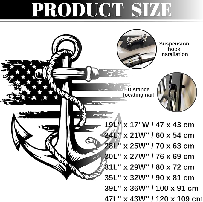 lunwall Metal Anchor Wall Decor, Anchor Metal Sign, Metal Anchor Decor, Anchor Metal Wall Art, Metal Nautical Wall Decor, Metal Wall Decor Coastal, Anchor Wall Decor (black, 47L x 43W / 120 x 109 cm)