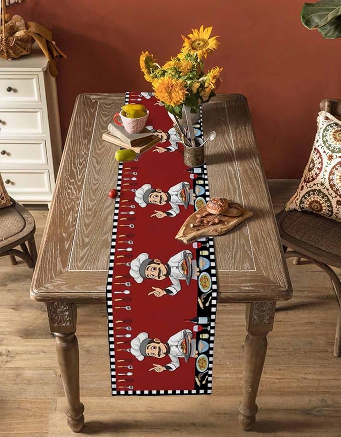 Red Chef Gourmet Cotton Linen Table Runner for Dining Kitchen, Wedding Outdoor Party Tablerunners Decoration, Black White Check Plaid Funny Kitchen Dresser Scarf Coffee Tablecloth Runners 13x48 Inches