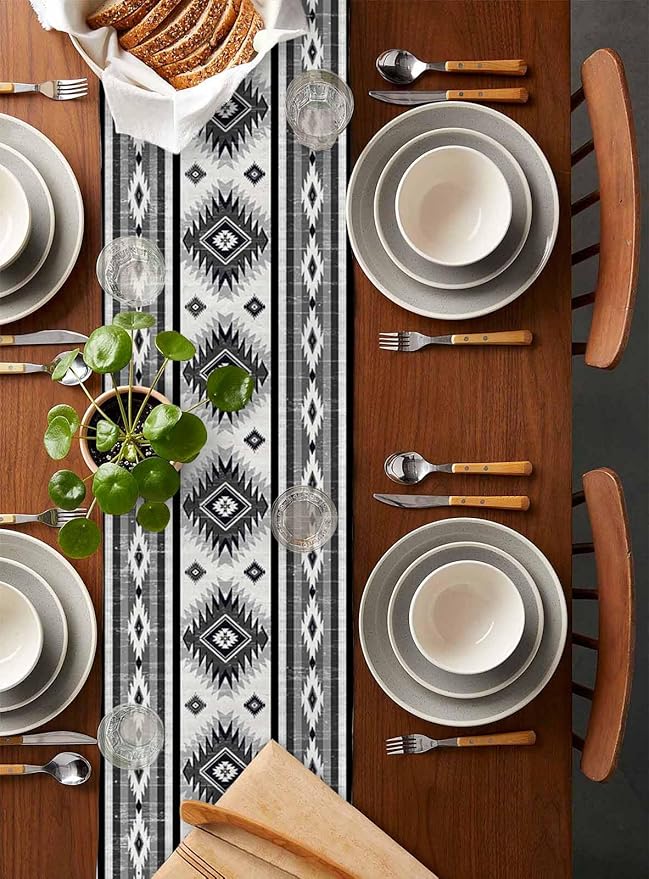 Aztec Southwest Cotton Linen Table Runner for Dining Kitchen, Wedding Outdoor Party Tablerunners Decoration, Boho Ethnic Tribes Vintage Grey Dresser Scarf Coffee Tablecloth Runners 13x72 Inches