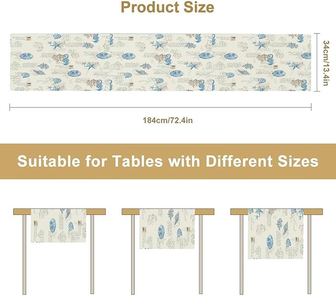 Starfish Table Runner,Vintage Nautical Seashell Tropical Beach Theme Coastal Ocean Sea Burlap for Hotel Indoors Outdoor Dining Room Kitchen Tablecloth, 13x90in