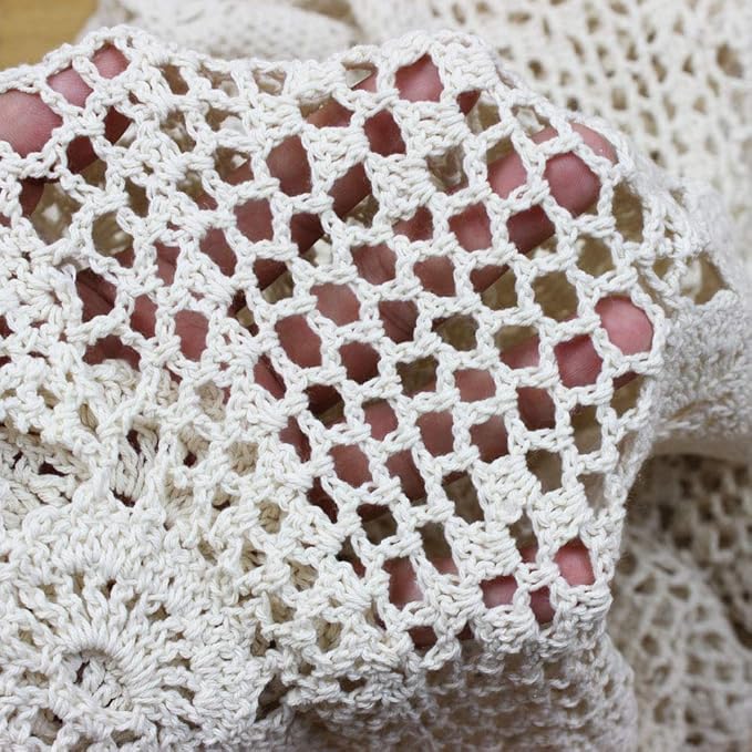 KEPSWET Cotton Handmade Crochet Lace Table Runner Beige Rectangle Coffee Table Dresser Decor (14x72 inch)