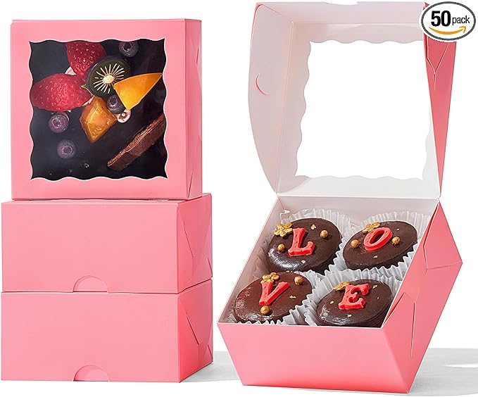 50-Count 4x4x2 Food-Safe Pink Bakery Boxes - Multi-Use Pastry & Treat Packaging for Cookies, Truffles & Wedding Favors (Stackable Gift Boxes for Cakes, Pies & Cinnamon Rolls)