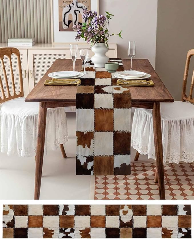 Abstract Cowhides Cotton Linen Table Runner for Dining Kitchen, Wedding Outdoor Party Tablerunners Decoration, Brown Beige Animal Fur Texture Dresser Scarf Coffee Tablecloth Runners 13x90 Inches