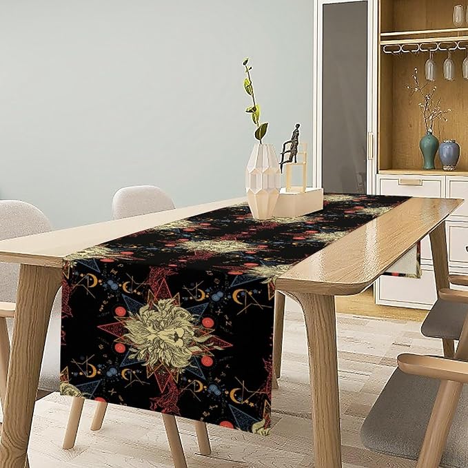 Boho Moon Lion Table Runner, Chinese Fish Phase of The Moon Sun Moon Table Runner for Kitchen Dining Table Home Party,13x60 Inch Black Red