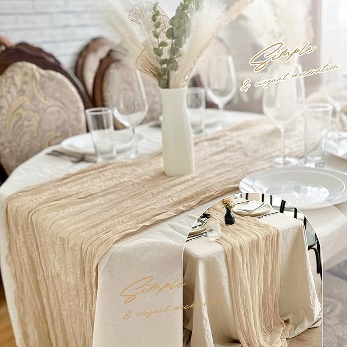 Aktor 4 Pack Beige Table Runner Boho Cheesecloth Table Runner Semi Sheer Gauze Fabric Runners for Wedding Birthday Baby Shower Party Boho Table Decoration（Beige）
