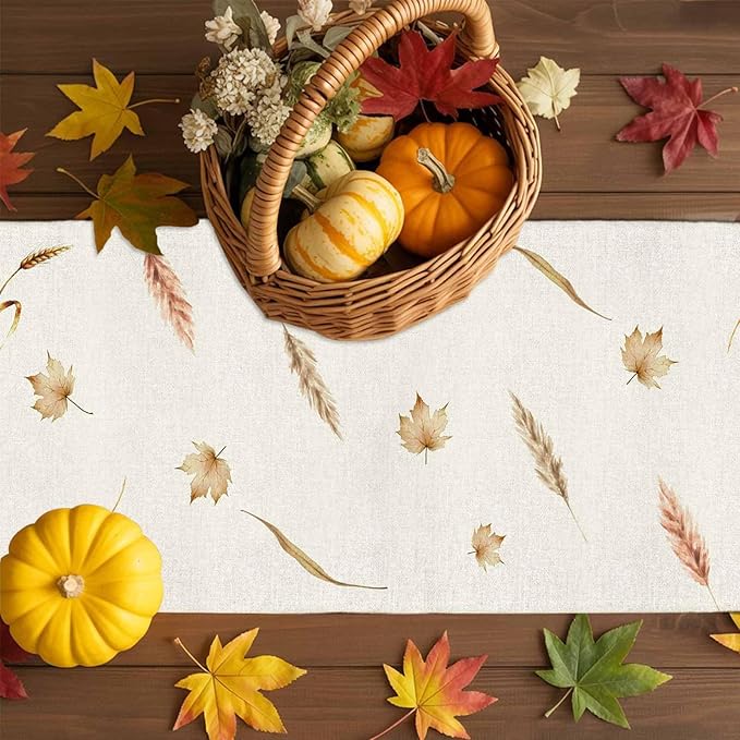Fall Thanksgiving Cotton Linen Table Runner for Dining Kitchen, Orange Pumpkins Outdoor Party Autumn Tablerunners Decoration, Rustic Wheat Leaves Dresser Scarf Coffee Tablecloth Runners 13x72 Inches