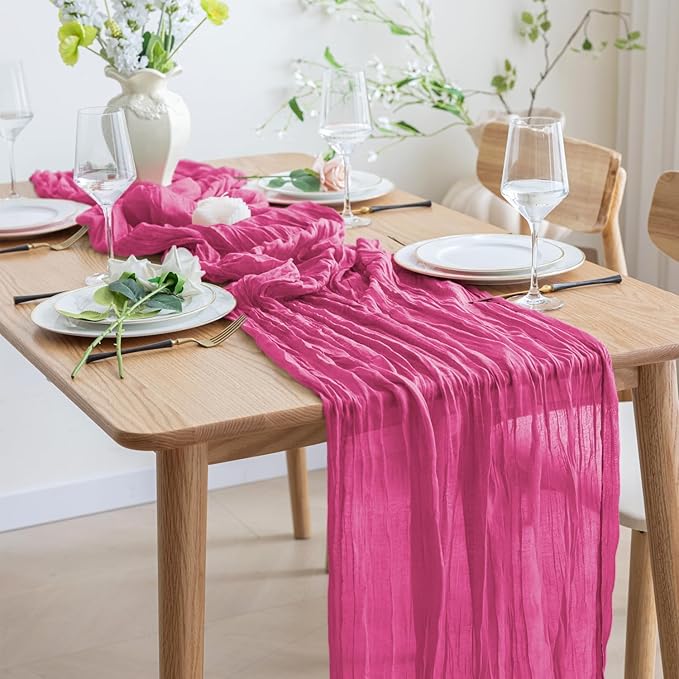 Asee'm 4pcs Cheesecloth Table Runner 120 Inches Long Deep Pink Boho Gauze Cheese Cloth Runner 10FT Rustic Sheer Table Runners for Christmas Wedding Party Baby Shower Spring Easter Decoration