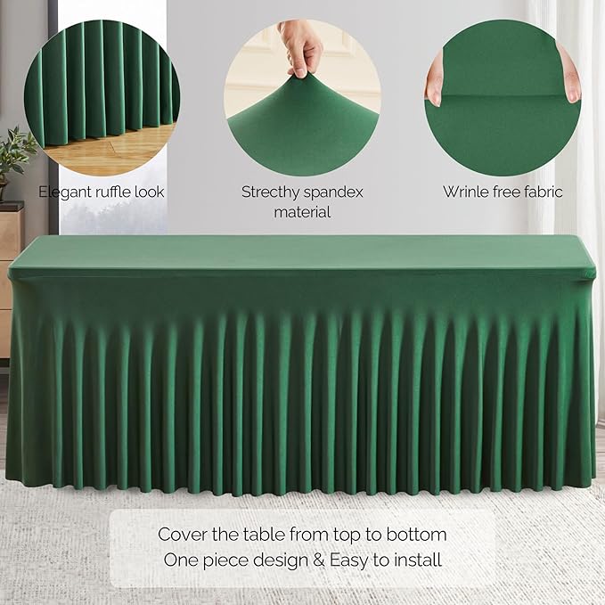 Wish Care 6 Pack Hunter Green Spandex Table Clothes for 6 Foot Rectangle Tables, 6FT Wrinkle Free Fitted Tablecloths Ruffles Design Table Cover for Party, Banquet, Wedding and Events