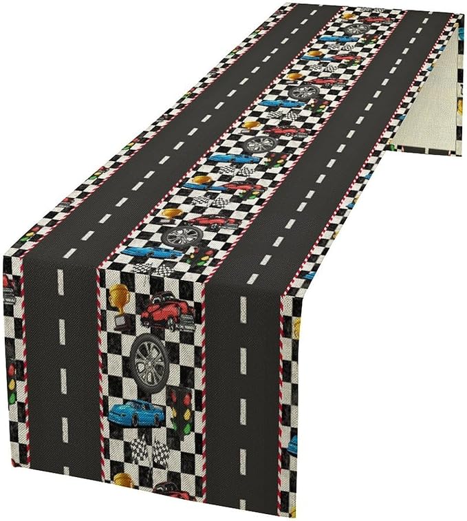 Race Car Table Runner,Checkered Flag Black and White Race Cars Pattern Print Tablecloth Burlap for Hotel Indoors Outdoor Dining Room Kitchen Home Decor,W13X L36 in