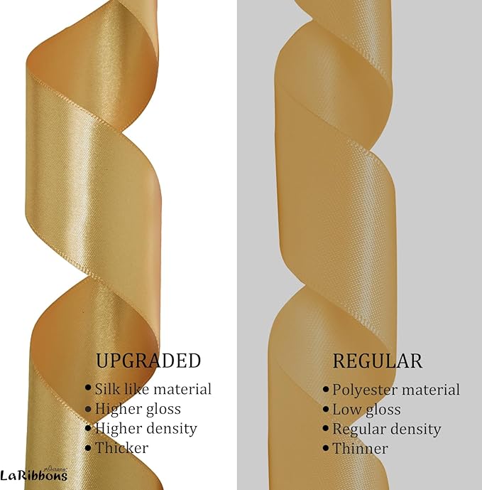 LaRibbons Gold Satin Ribbon 3/8 Inch 50 Yards Thin Luxury Double Faced Pale Gold Silk Ribbon for Flower Bouquet Crafts Gift Wrapping Wedding Christmas Decoration