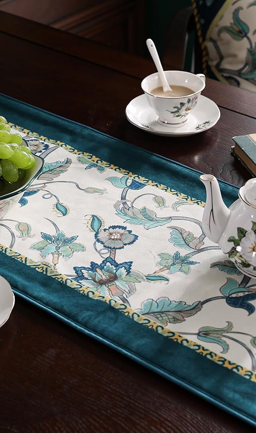 patdrea Designer Elegant French Floral Velvet Table Runner, Teal with Blossoms Pattern Table Mat, Decoration for Kitchen Dining Coffee Table Shelf Cabinet Banquet Thanksgiving,12"*102"