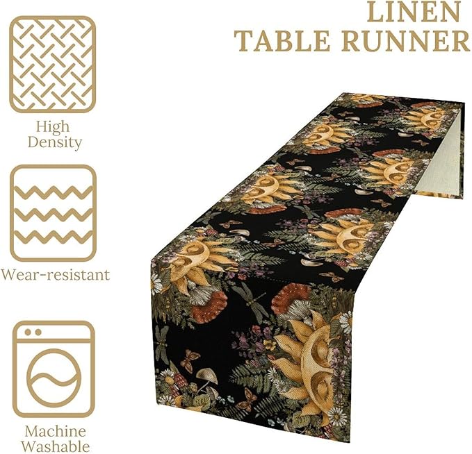 Sun Moon Table Runner, Bohomian Mushroom Daisy Table Gothic Dragonly Butterfly Table Center Decor Table Runner for Indoor Outdoor Party Kitchen Dinner Black, 13x36 Inch