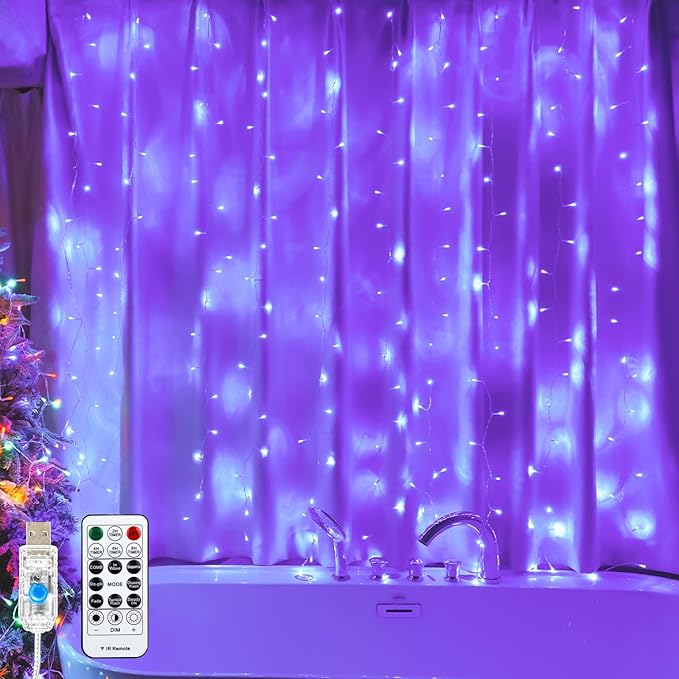 Curtain Light for Bedroom, 200LED 6.6x6.6ft Purple Window Wall Hanging Fairy Curtain String Light, 8 Modes Remote Fairy String Lights Indoor for Wedding Party Home Garden Decorations