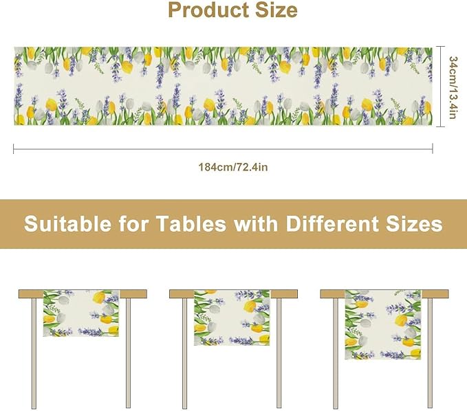Floral Tulip Lavender Table Runner, Spring Watercolor Flower Plants Nature Butterfly Table Runner for Kitchen Dinner Living Room Home Party, 13x90 Inch