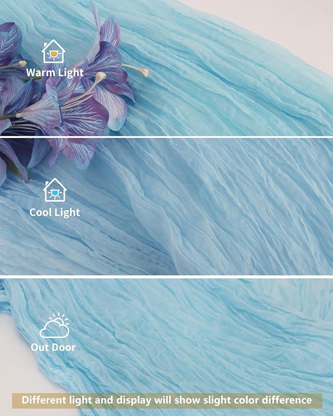 Blue Cheesecloth Table Runner 120 Inch, Light Blue Boho Gauze 10 FT, Rustic Cheese Cloth Table Runner for Wedding, Baby Bridal Shower, Birthday, Party, Holiday Decor Home Decorations